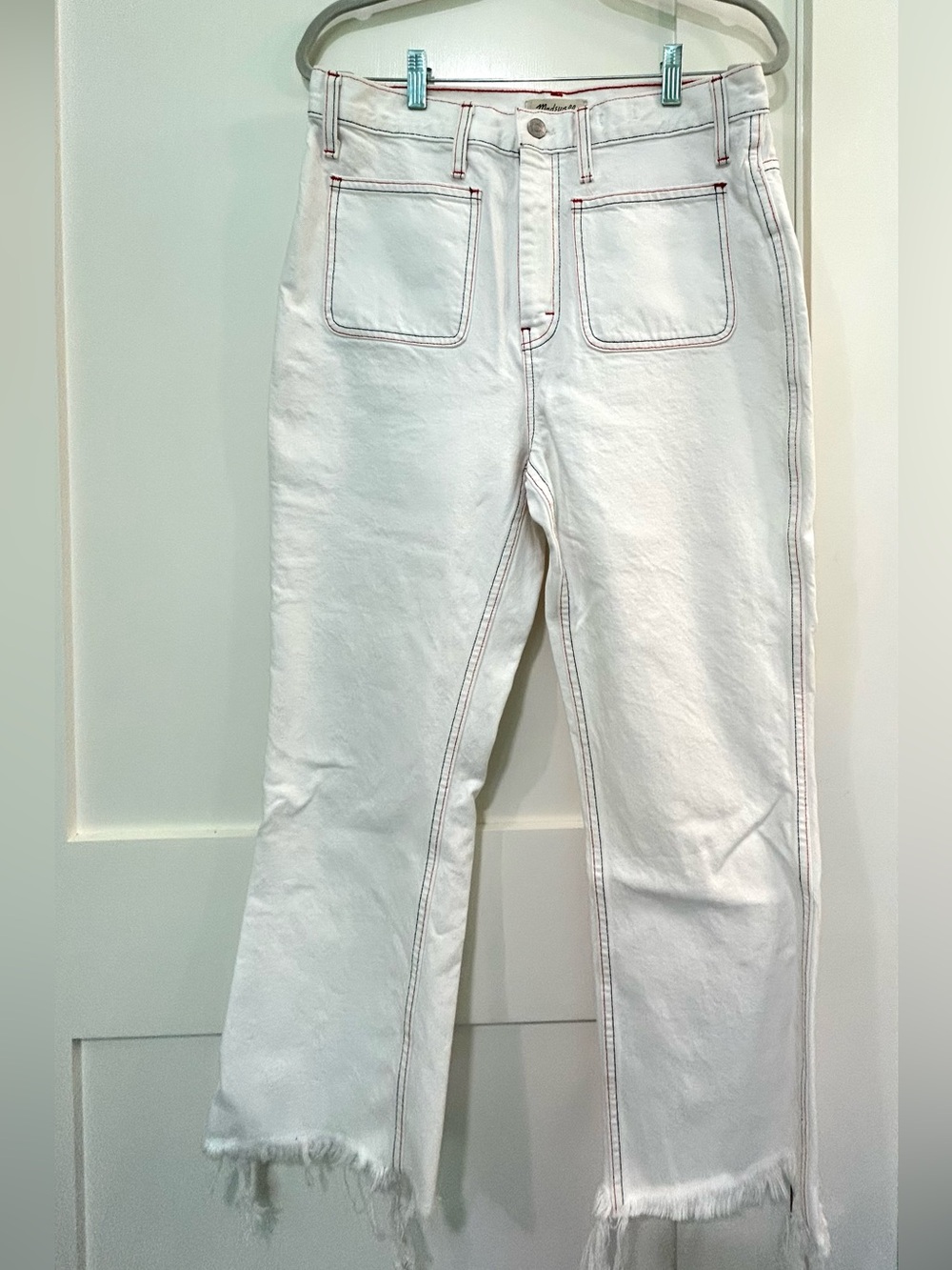 Madewell Rigid Denim Boot‑Crop Jeans in White w/ Red Stitching— Size 30